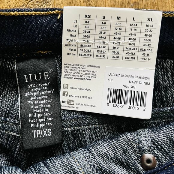 Hue Soft Stretch Boot Cut Jeans Leggings w/ Zipper Back Pocket, Navy Denim, New - Picture 9 of 12